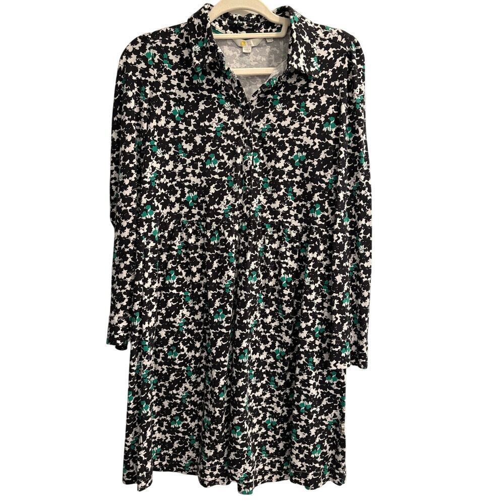 Boden Size 8 Jersey Button Up Floral Dress Black Green White Casual Comfortable